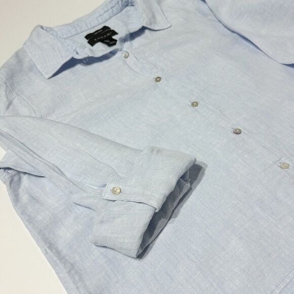 Tahari 100% Linen Button Down Shirt Blouse Light Blue Roll Tab Sleeve Women’s L - Picture 5 of 7